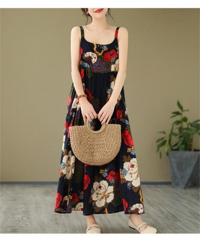 S474020 상큼 청량 빅플라워 휴가 비치 데일리 여름 썸머 민소매 나시 롱 원피스