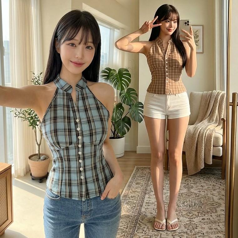 리아체크홀터티 나시 민소매 하이넥 셔링 단추 여름