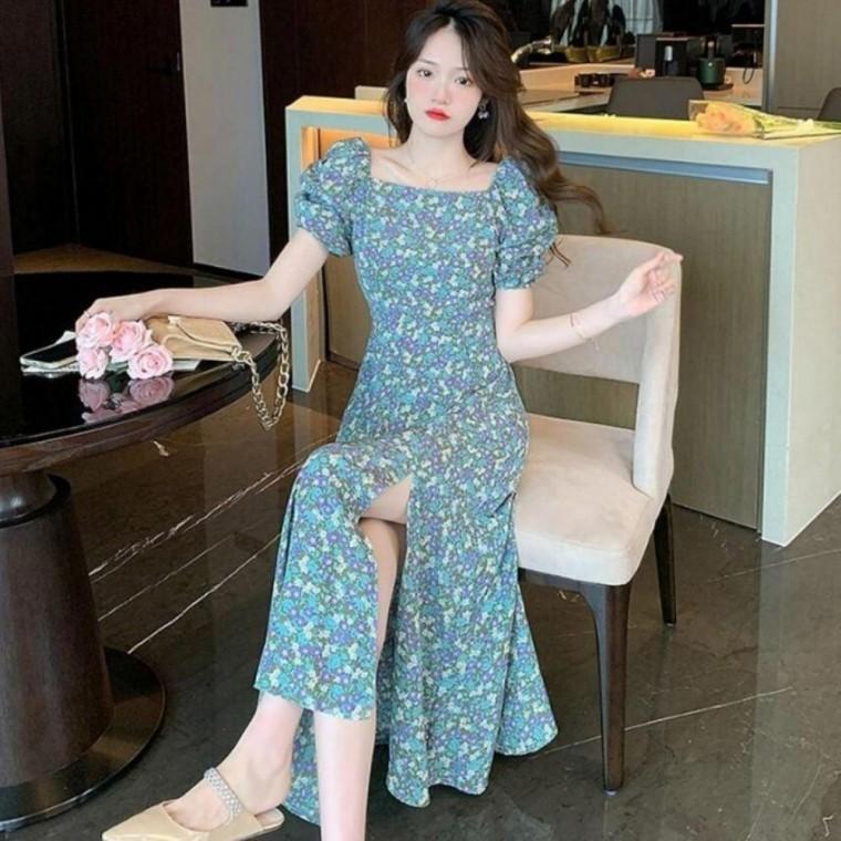 2컬러 로맨틱무드 여름 반팔 플라워 스퀘어 롱원피스
