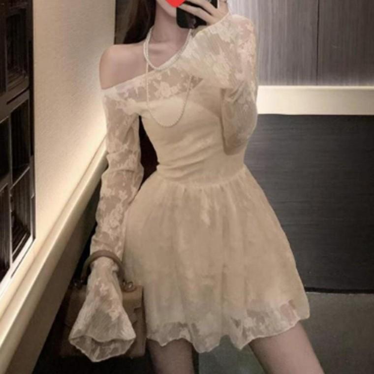 여성 시스루 레이스 긴팔 미니 원피스 베이지 1P 오프숄더 미니 드레스