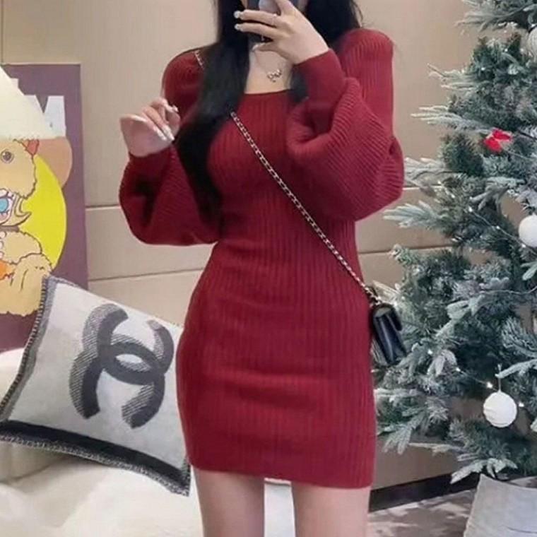 여자 스퀘어넥 니트 긴팔 미니 원피스
