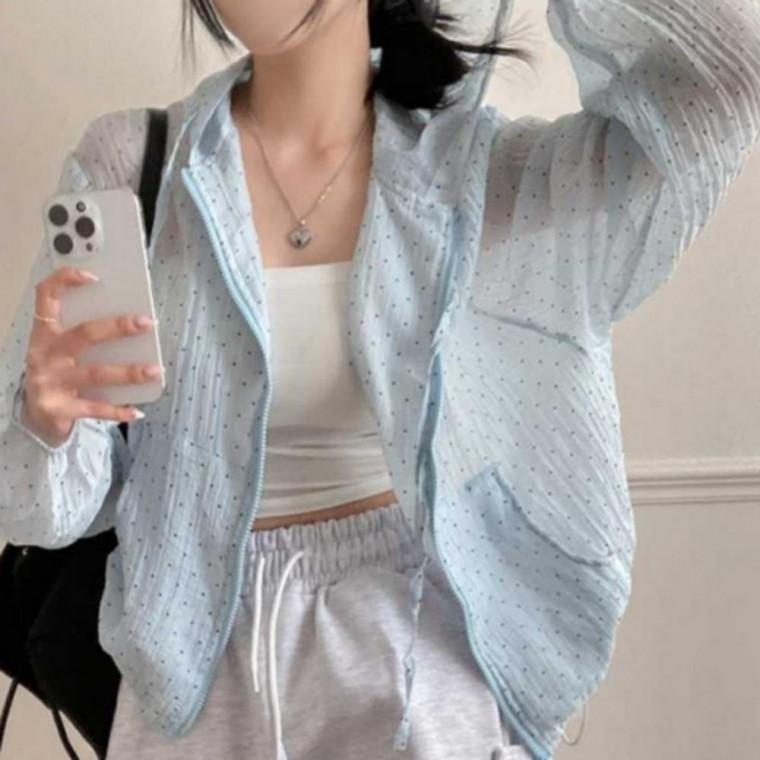 도트 쉬폰 바람막이 점퍼 후드 집업 윈드브레이커 경량 데일리 간절기