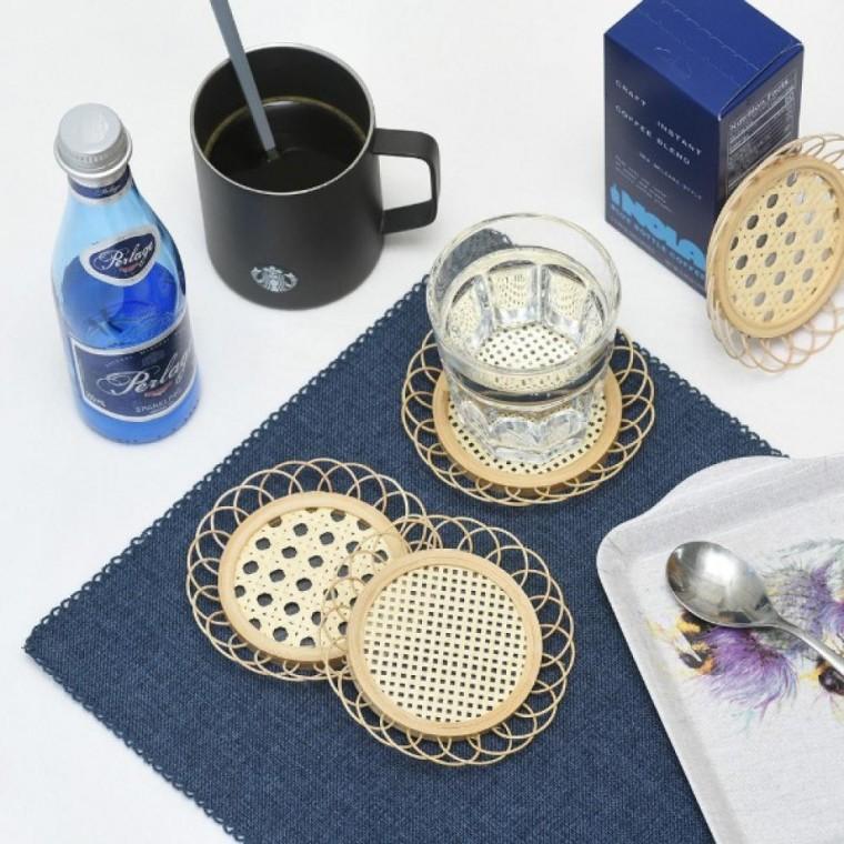 해바라기 모양 라탄 인테리어 소품 우드 코스터