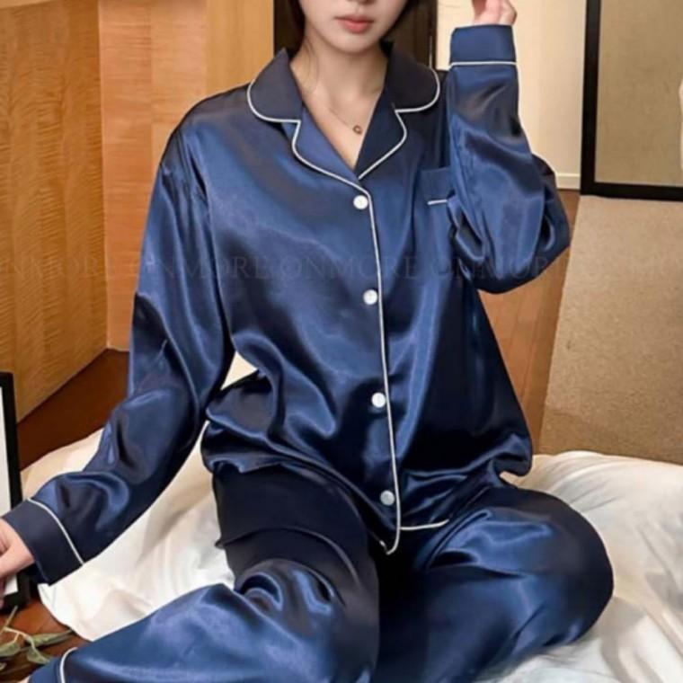 여성 고급 카라 실크 수면 잠옷 파자마 홈웨어 세트