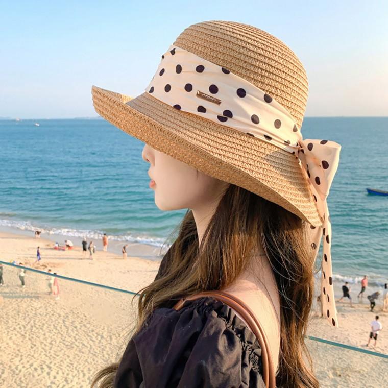 여성 비치 휴양지 외출 여행 패션 모자 도트 리본 포인트 밀짚 모자
