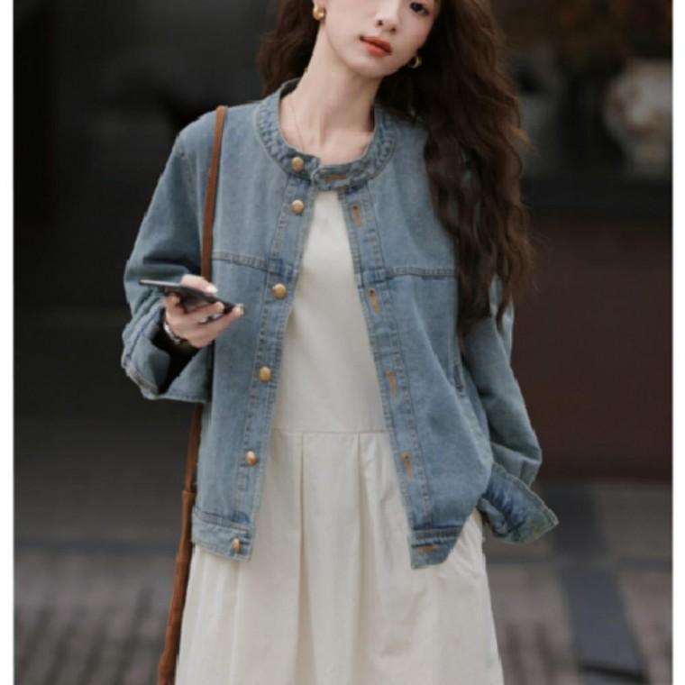 여성 노카라 데님 자켓 라운드넥 청자켓 점퍼 간절기 데일리