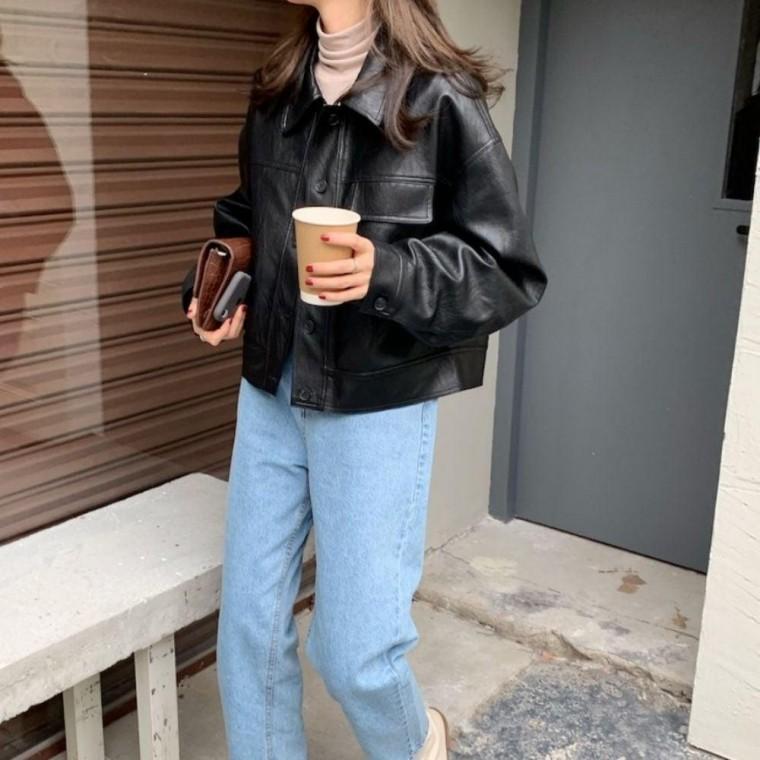 2컬러 여성 간절기 아방한 오버핏 레더자켓 카라점퍼