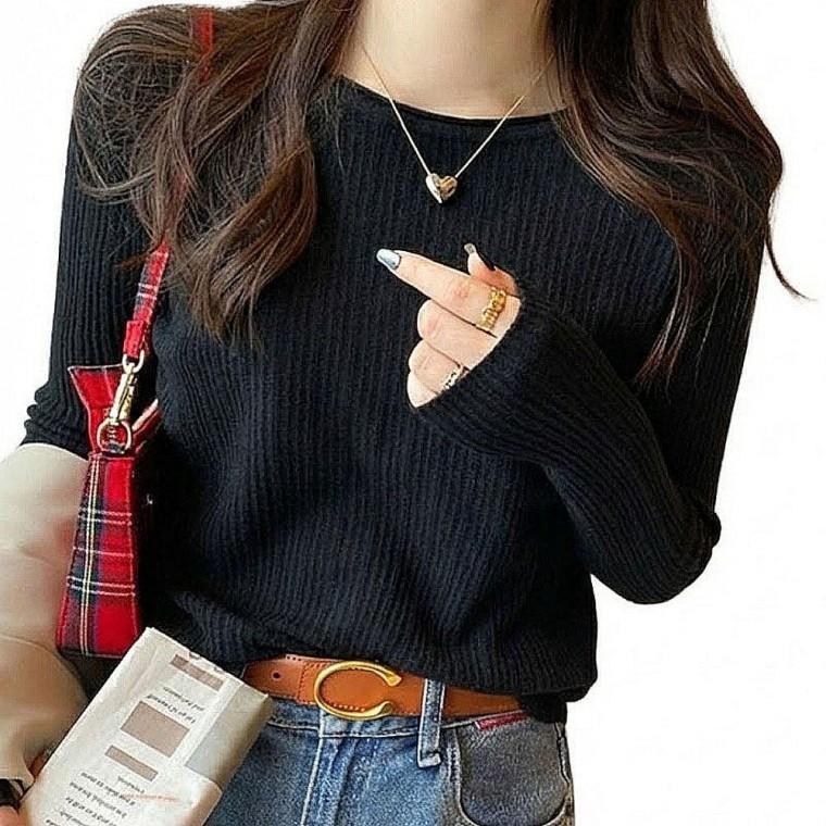 여성 골지 라운드넥 오버핏 긴팔 티셔츠