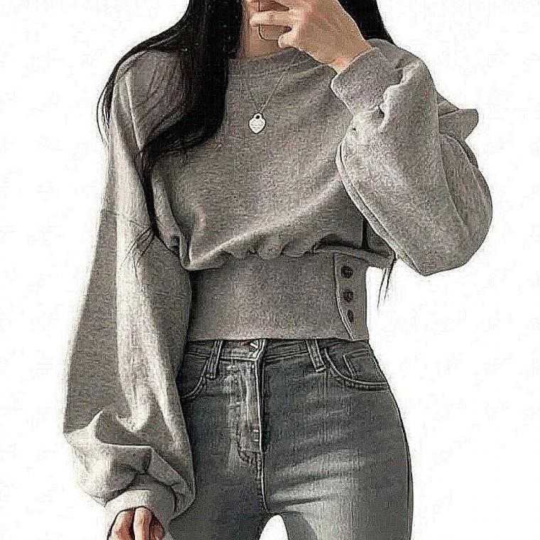 여성 크롭 맨투맨 라운드넥 긴팔 티셔츠