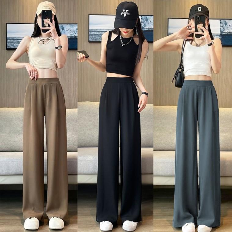 여성 오피스룩 하객룩 외출 패션 체형커버 와이드 바지 뒷 허리 밴딩 통 넓은 슬랙스 팬츠