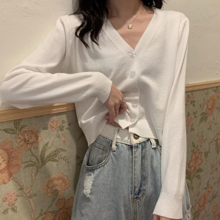 여성 가벼운 간절기 루즈핏 브이넥 크롭 아우터 심플 데일리 슬림 가디건