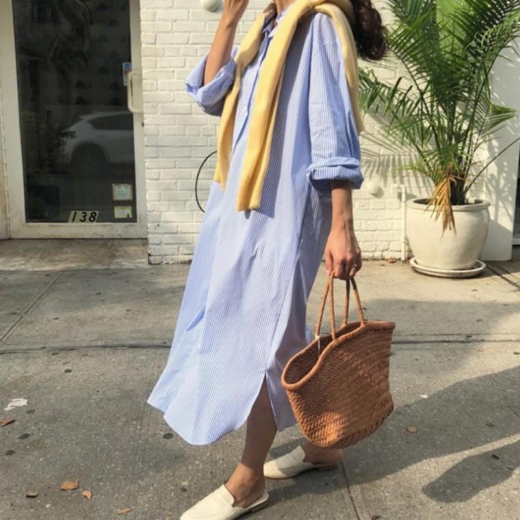여성 데일리 간절기 스트라이프 셔츠 롱 남방 루즈핏 투포켓 무드 원피스