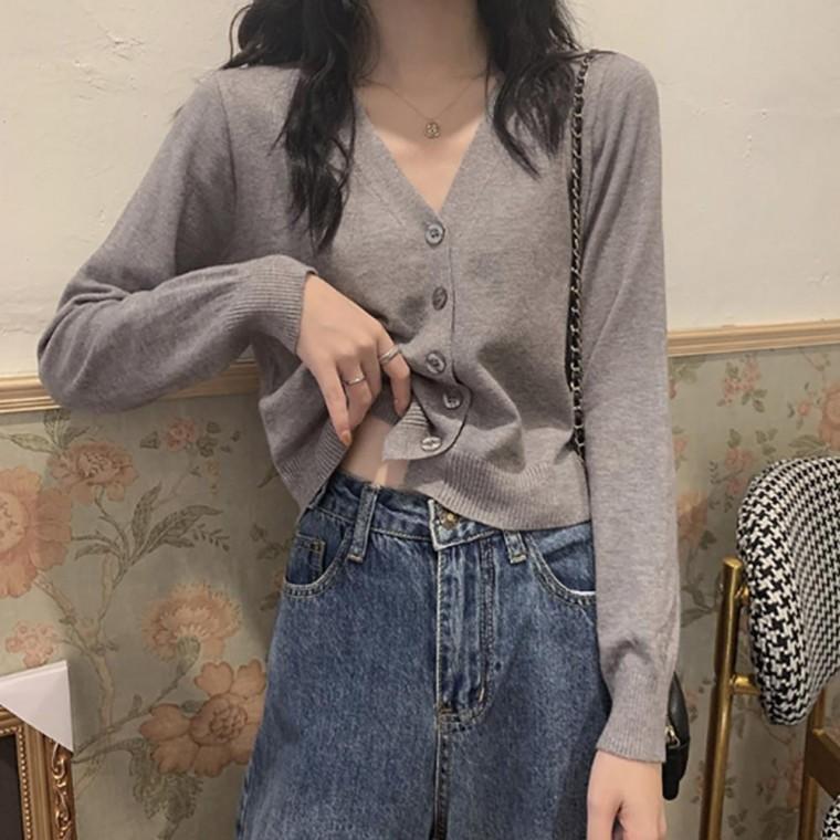 여성 브이넥 라인 크롭 기장 캐주얼 무지 짧은 가디건