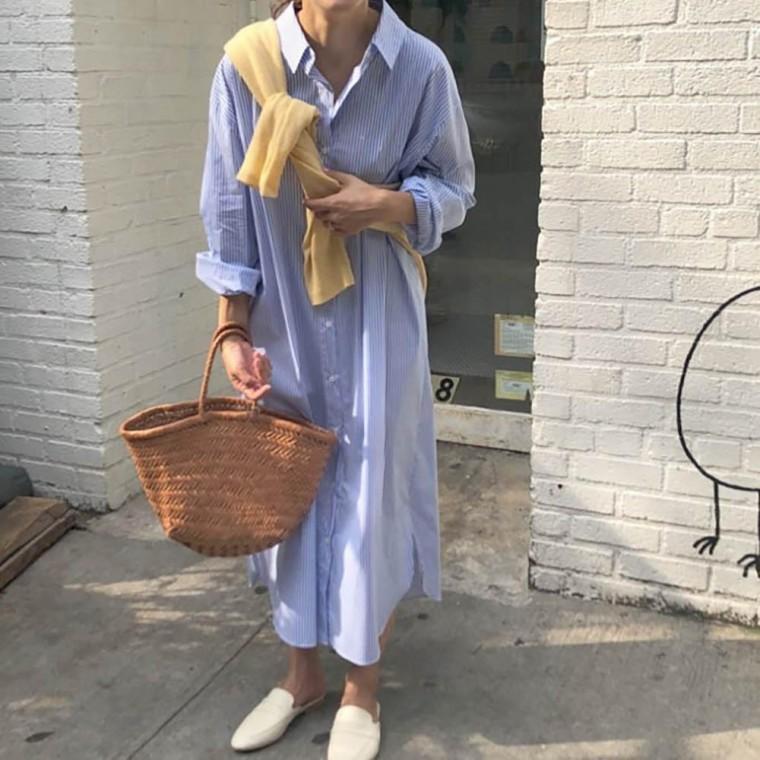 여성 루즈핏 패션 체형 커버 스타일 스트라이프 롱 셔츠 원피스