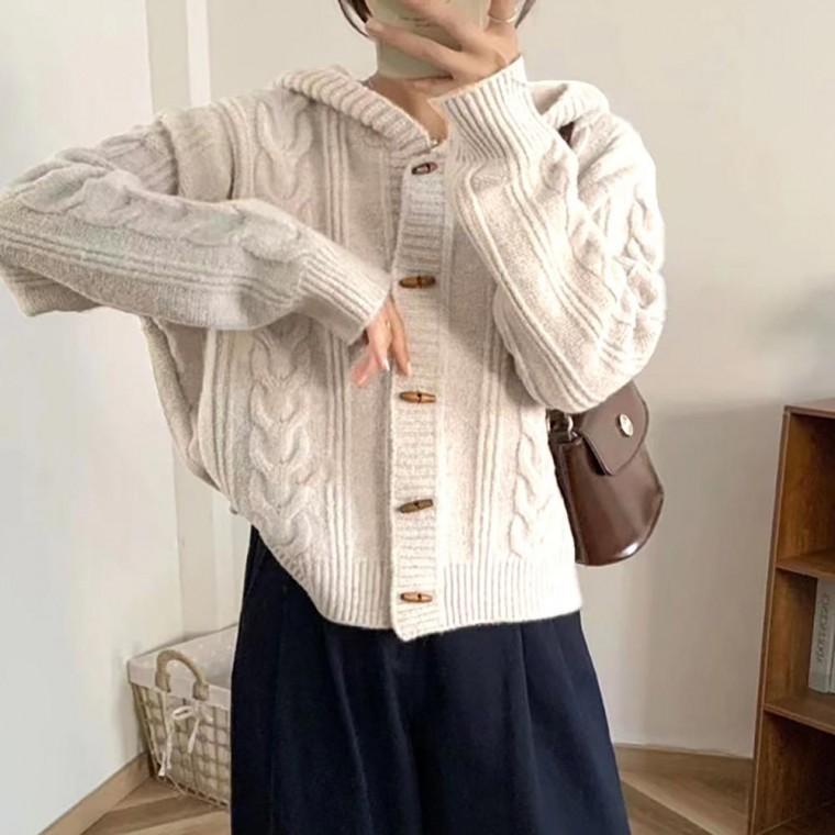 여성 떡뽁이 단추 꽈배기 패턴 데일리 후드 가디건