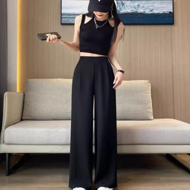 여성 2컬러 노버튼 허리밴딩 와이드 슬랙스 롱팬츠