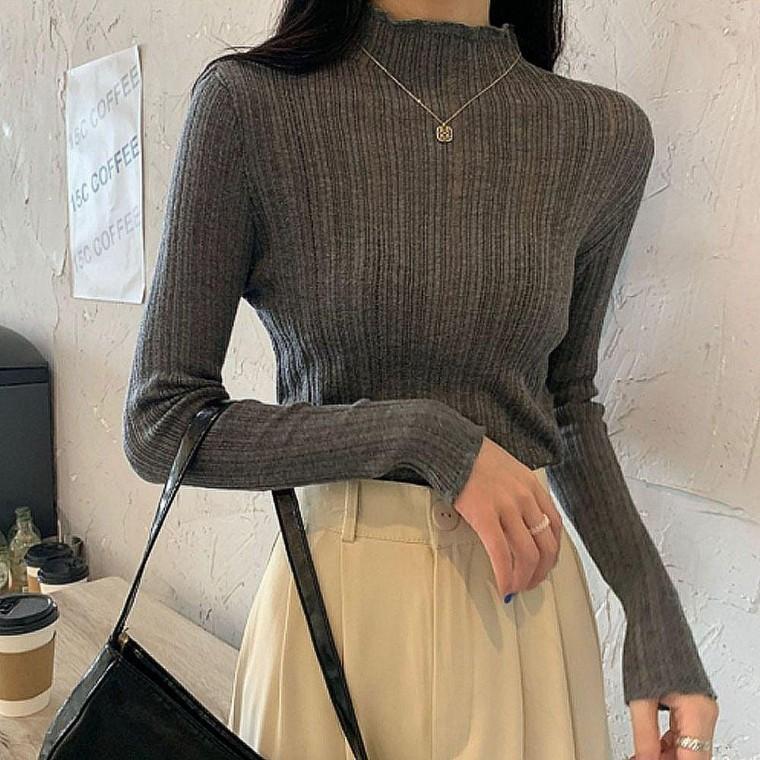 여성 시스루 골지 세미 터틀넥 긴팔 니트티