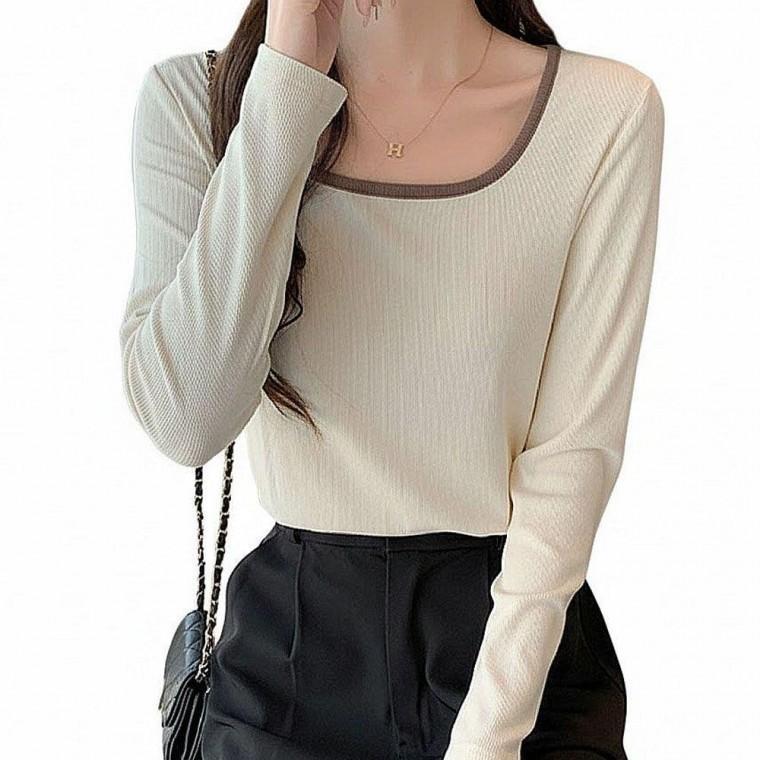여성 U넥 배색 골지 긴팔 티셔츠 데일리룩