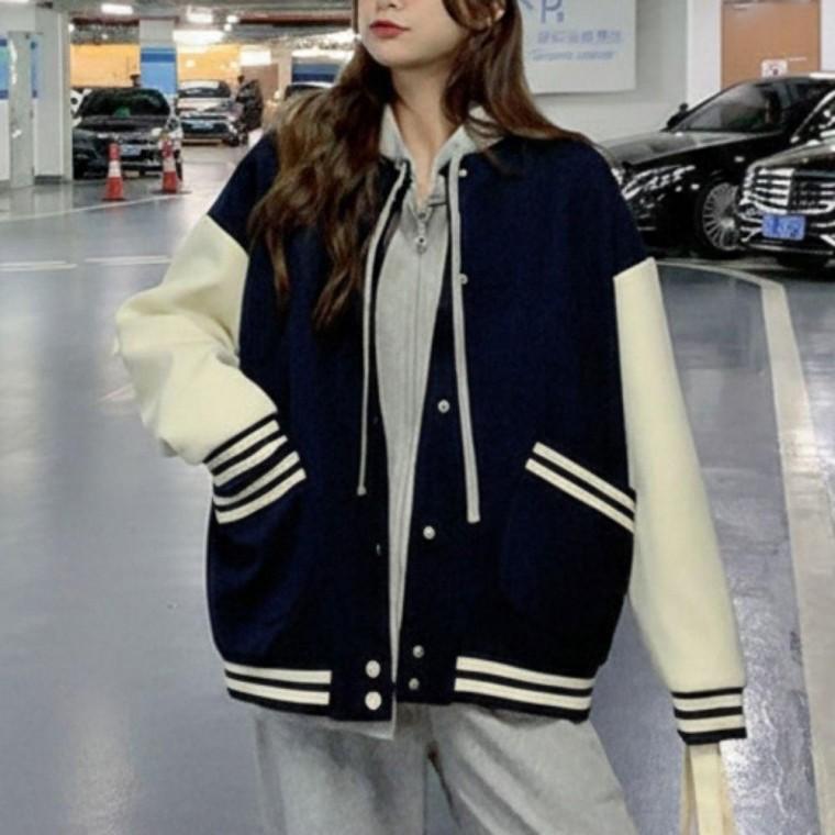 여성 기모안감 데일리 겨울 가을 아우터 배색 루즈핏 트렌디 바시티 자켓