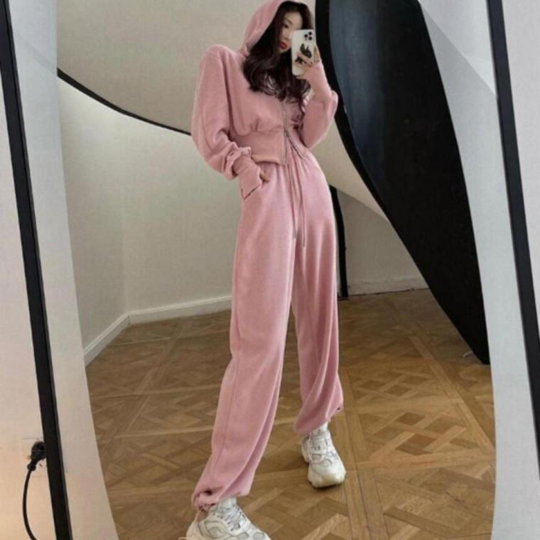 여성 크롭 데일리 와이드 벌룬 허리밴딩 세트 루즈핏 후드 트레이닝 투피스