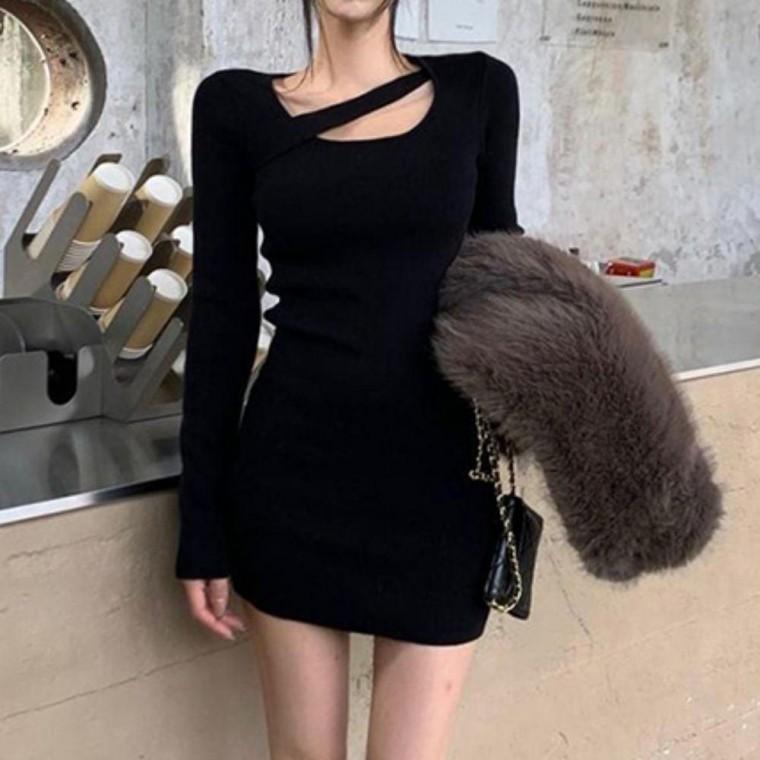 여성 사랑스러운 초커 파티룩 긴팔 클럽룩 데이트룩 슬림 숏 블랙 원피스