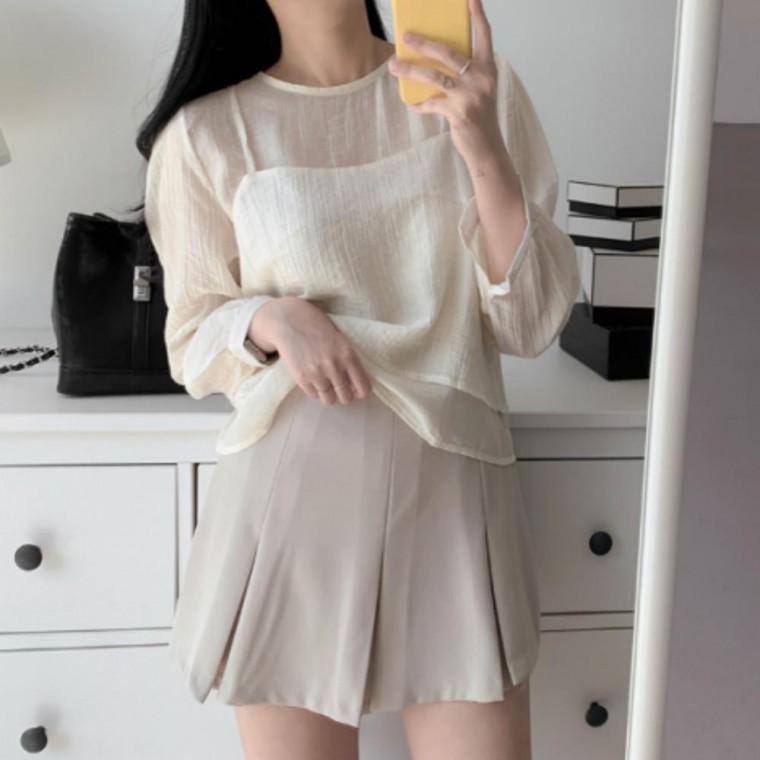 여성 라운드 레이어드 셔츠 퍼프 블라우스 나시 세트