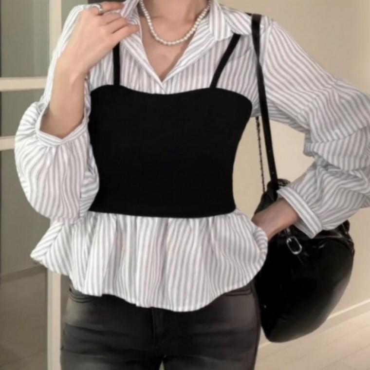 여성 슬림핏 뷔스티에 레이어드 블라우스 스트라이프 셔츠