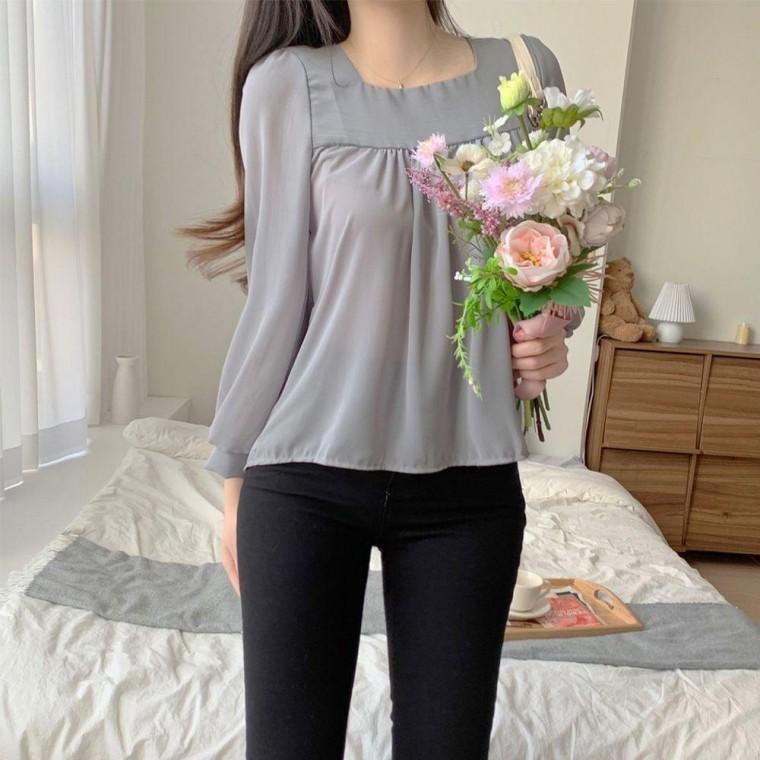 여성 쉬폰 블라우스 긴팔 스퀘어넥 봄가을 데이트룩 하객룩 프릴 셔츠블라우스 퍼프