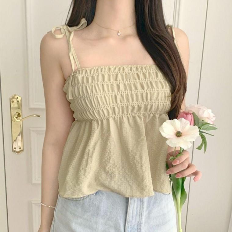 나시 뷔스티에 블라우스 리본 프릴 플레어 휴양지룩 데일리룩 여성 바캉스룩 민소매 끈나시