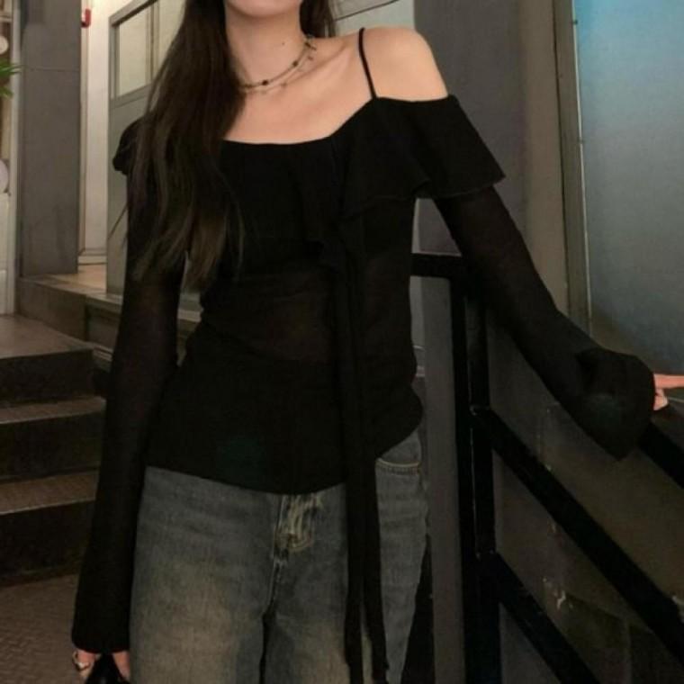 오프숄더 프릴 긴팔 티셔츠 리본 타이 여성 티셔츠