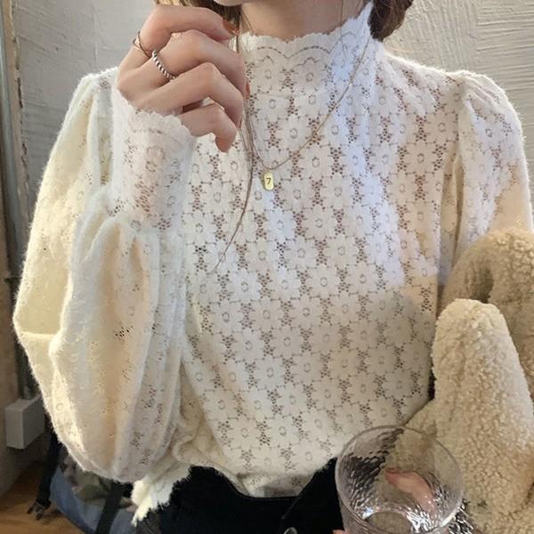 여성 시스루 레이스 터틀넥 블라우스