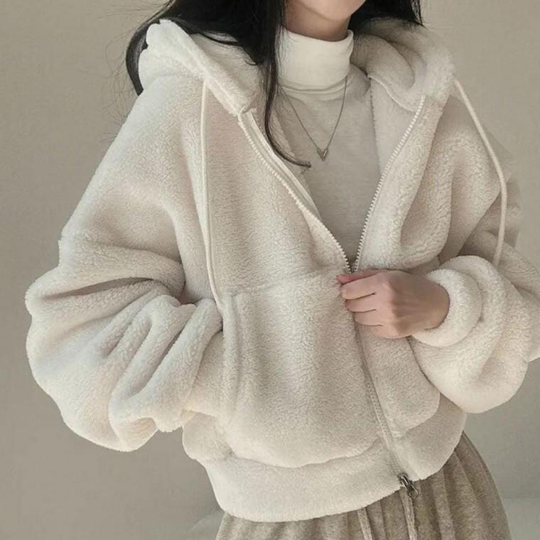 여성 겨울 자켓 후리스 점퍼 루즈핏 따뜻한 양털 세미크롭 아우터 후드집업