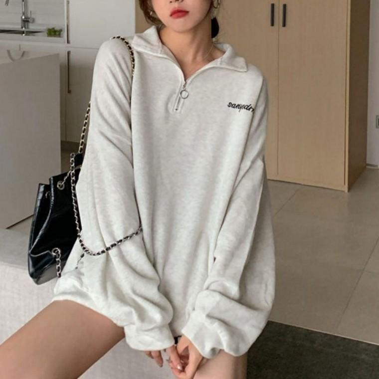 여성 심플 넉넉핏 기모안감 긴팔 캐주얼 반집업 레터링 오버핏 카라 맨투맨