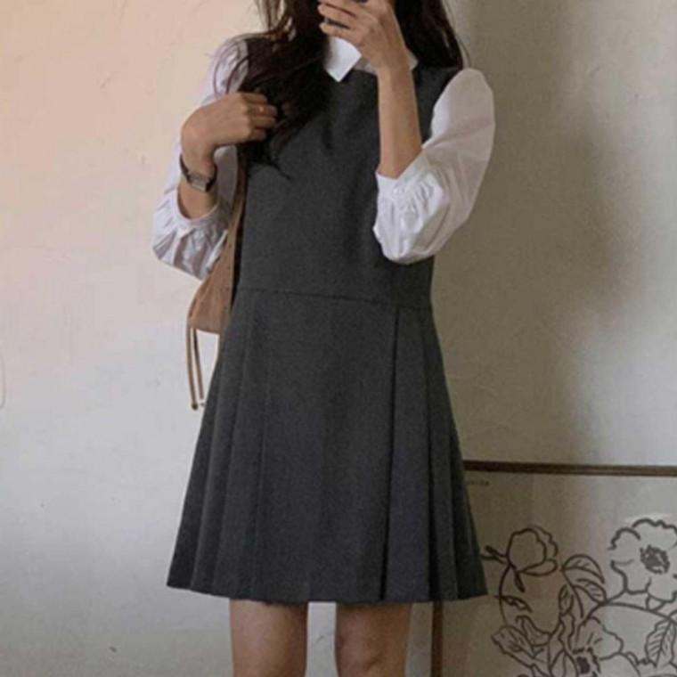 여성 레이어드 베스트 미디 원피스 1P 민소매 클래식 베스트 정장 치마