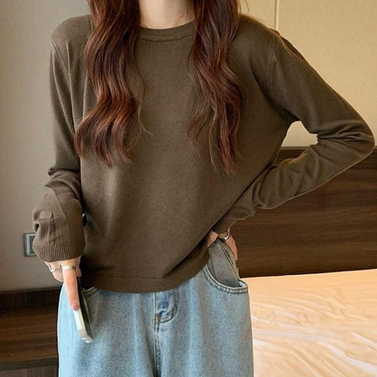 여성 라운드넥 크롭 니트 긴팔 티셔츠