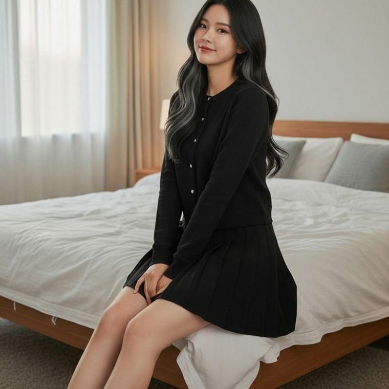 여성 베이직 외출 코디 디자인 부드러운 소재 주름 치마 라운드넥 가디건 세트