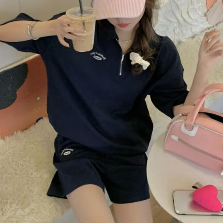 여성 하프 집업 트레이닝 상하세트 반팔 반바지 세트 데일리 라운지