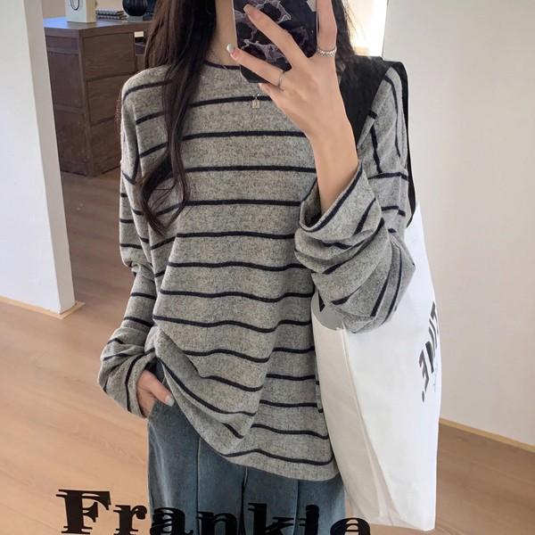 캐주얼 모던 여성 라운드 스트라이프 긴팔티 LK-HB04