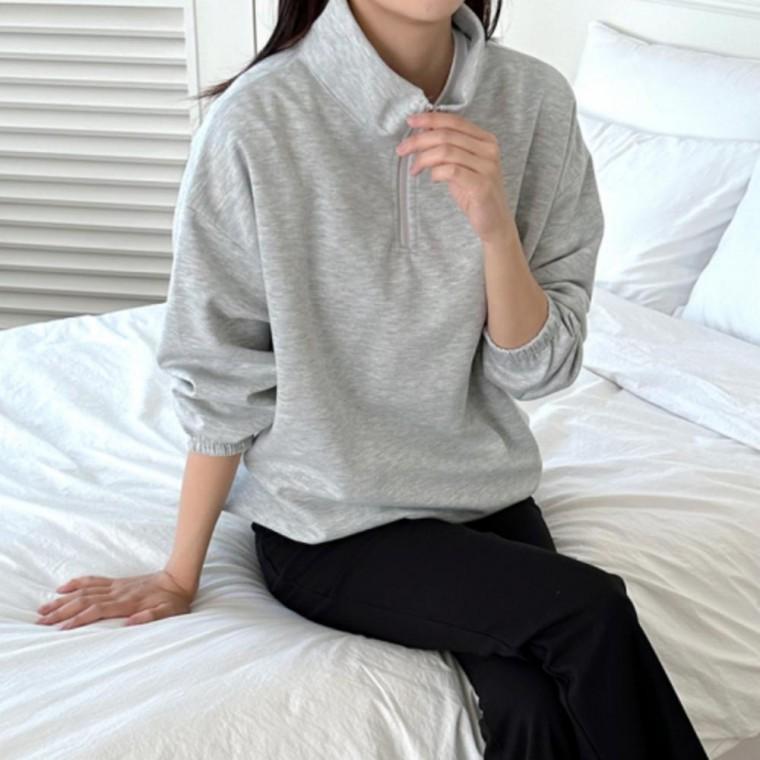 여성 간절기 롱슬리브 카라 반집업 하프넥 맨투맨 티셔츠