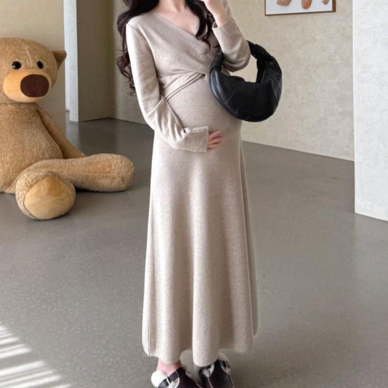 임산부 하객룩 롱 원피스 키작녀 임부복 결혼식 니트 원피스 출근룩 봄 가을 하객룩 만삭