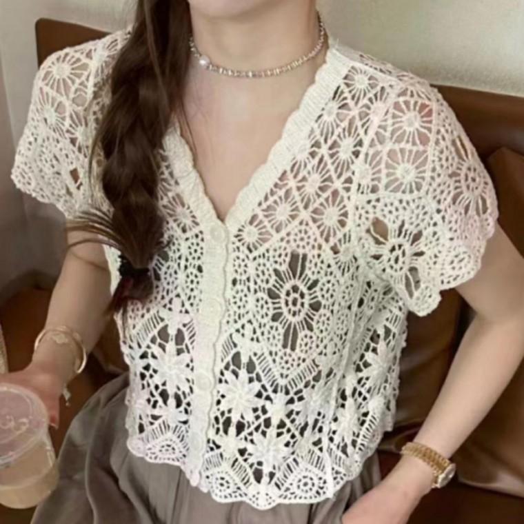 여성 여름 봄 망사 빈티지 반팔 시스루 그물 가디건