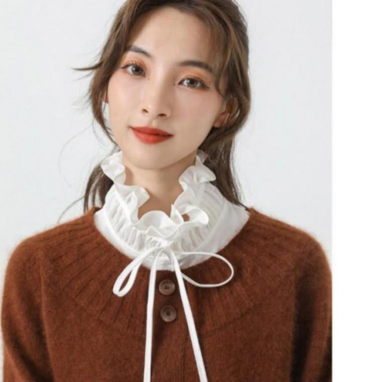 러플 페이크 카라 리본 여성 캐주얼룩 카라 하이넥 티셔츠 러플