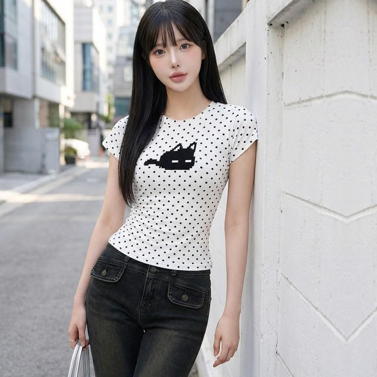 삐삐캣도트티 땡땡이 반팔 고양이 패턴 여름 포인트