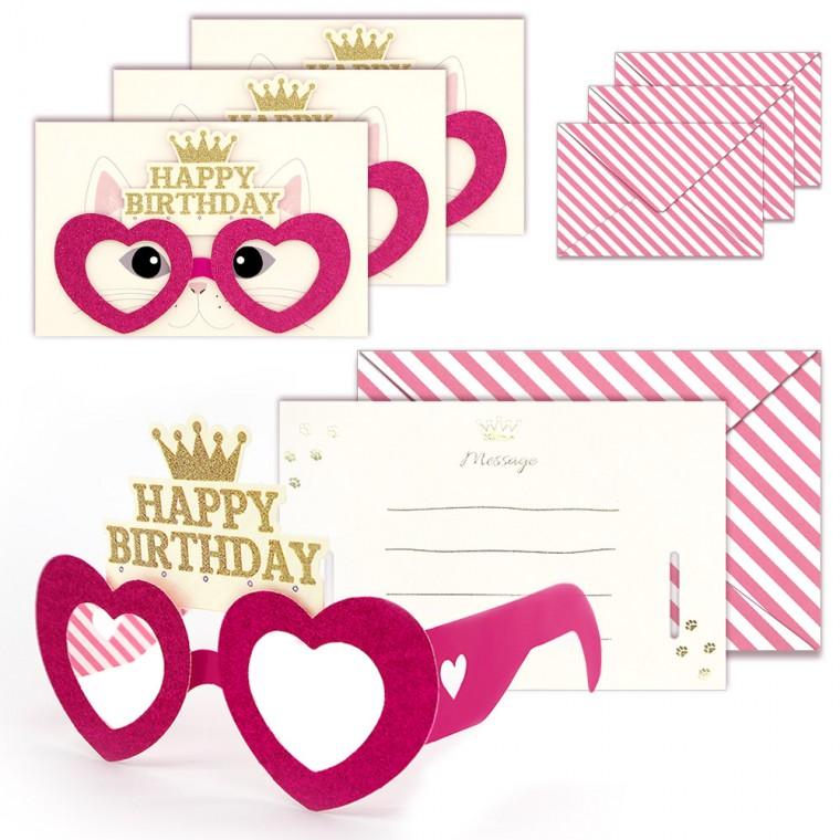 마음담아 귀여운 동물 고양이 하트 반짝이 파티 축하 러블리캣 안경 생일 카드 4세트