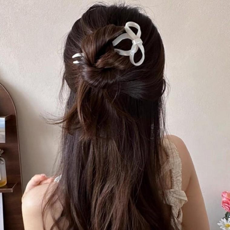 물결 리본 U자형 올림머리 비녀 화이트