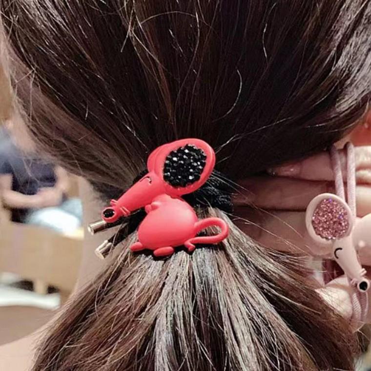 헤어액세서리 큐빅 눈웃음 쥐 머리끈 레드
