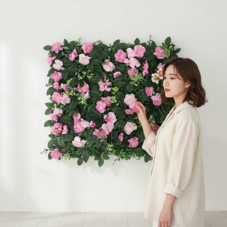 핑크로즈 인조잔디 벽면 녹화 식물 인테리어 조화 매트 60x40cm