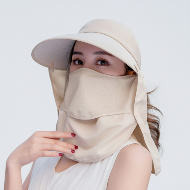 자외선 차단 페이스 가드 썬캡 베이지 휴대용 접이식 여름 모자