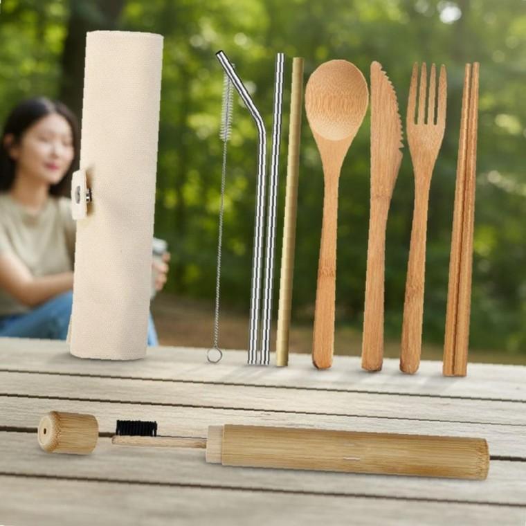 대나무 수저 칫솔세트 캠핑 커트러리 휴대용 파우치 포함 식기구
