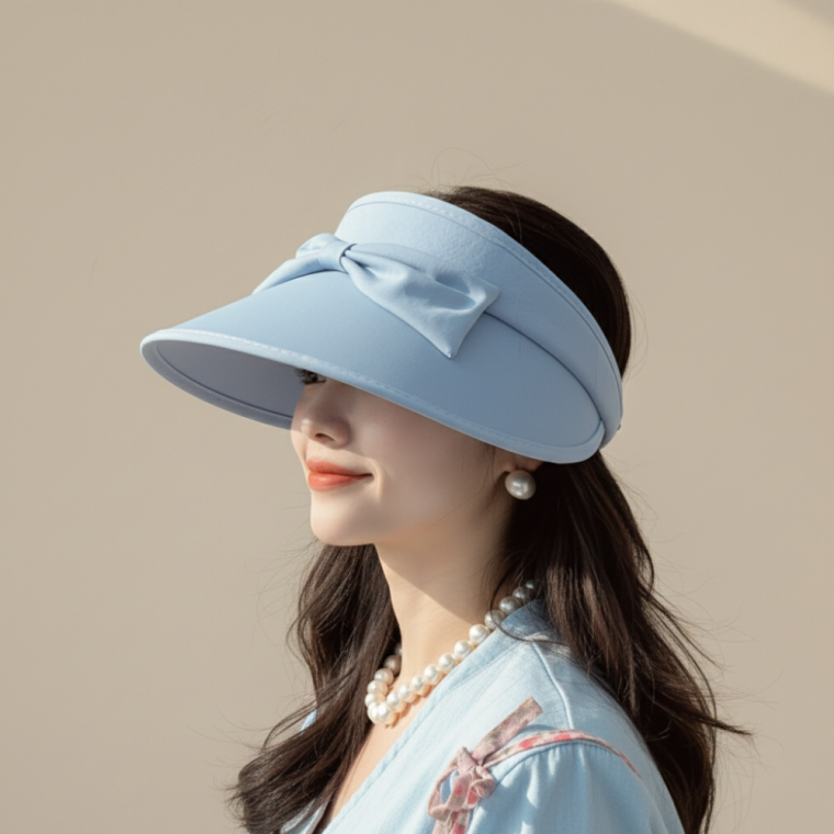 리본 포인트 휴대용 돌돌이 썬캡 자외선 차단 여름 모자 스카이 컬러